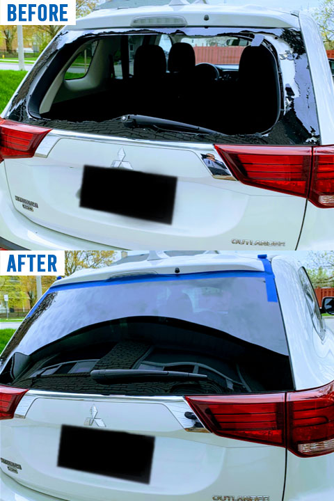 back windshield replacement service completed before and after by Ram Auto Glass