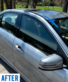 mercedes silver sedan broken front windshield side window rear quarter glass after