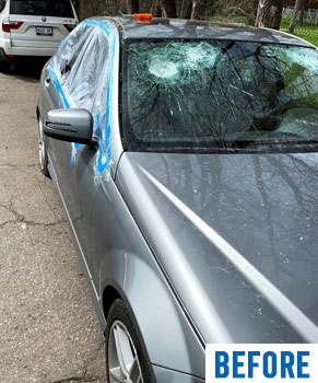 mercedes silver sedan broken front windshield side window rear quarter glass before by Ram Auto Glass of Richmond Hill